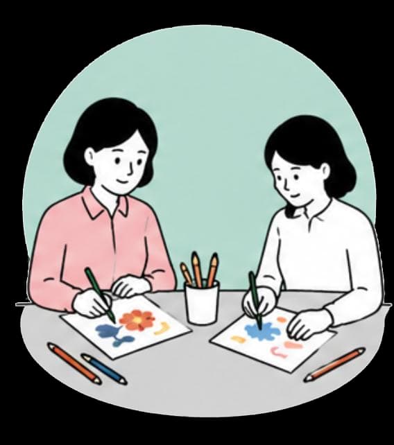 성인 1:1 개인 미술치료에서 함께 그림을 그리는 장면