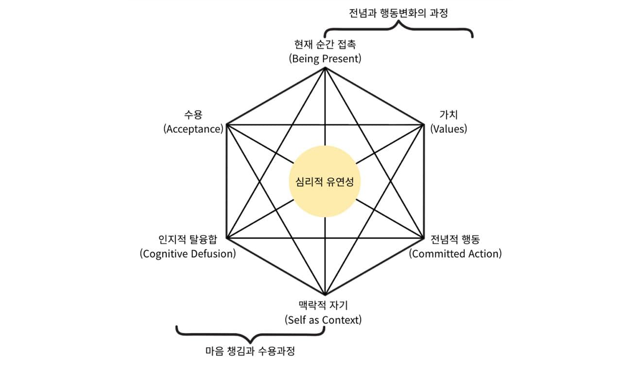 현재 순간 접촉, 수용, 인지적 탈융합, 맥락적 자기, 가치, 전념적 행동이 심리적 유연성으로 연결되는 ACT의 6가지 핵심 과정 도식